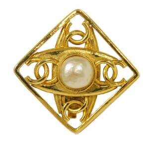 CHANEL Quadruple Coco Mark Pearl Earrings, 4-Row Diamond Shape, GP Plated Gol...